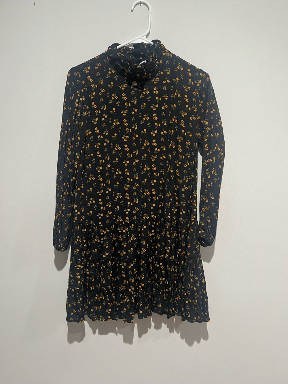 Zara Black Floral Long-Sleeve Tiered Mini Dress - Yellow Flower Print